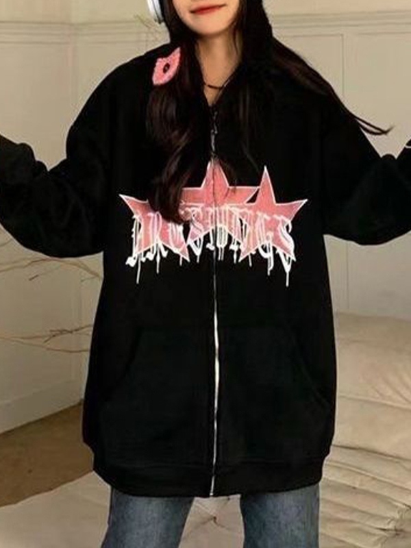 American Style Star Embroidery Fleece Oversized Hoodie