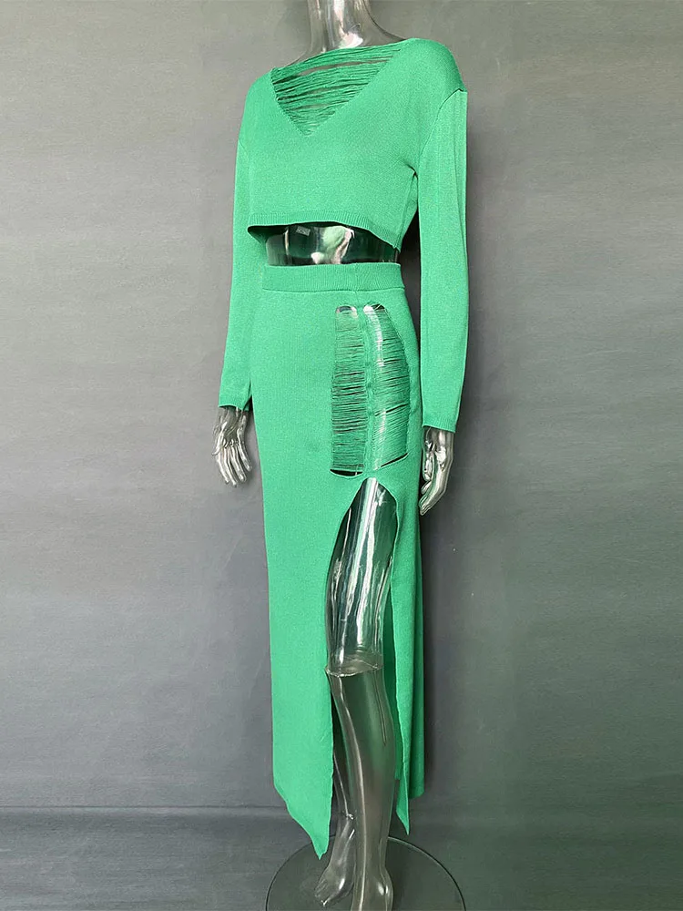 Ootddress Knitted Cover Up 2 Piece Outfits Hollow Out Crochet Knitted Suit Party Dresses Women 2 Piece Matching Set with Midi Skirt