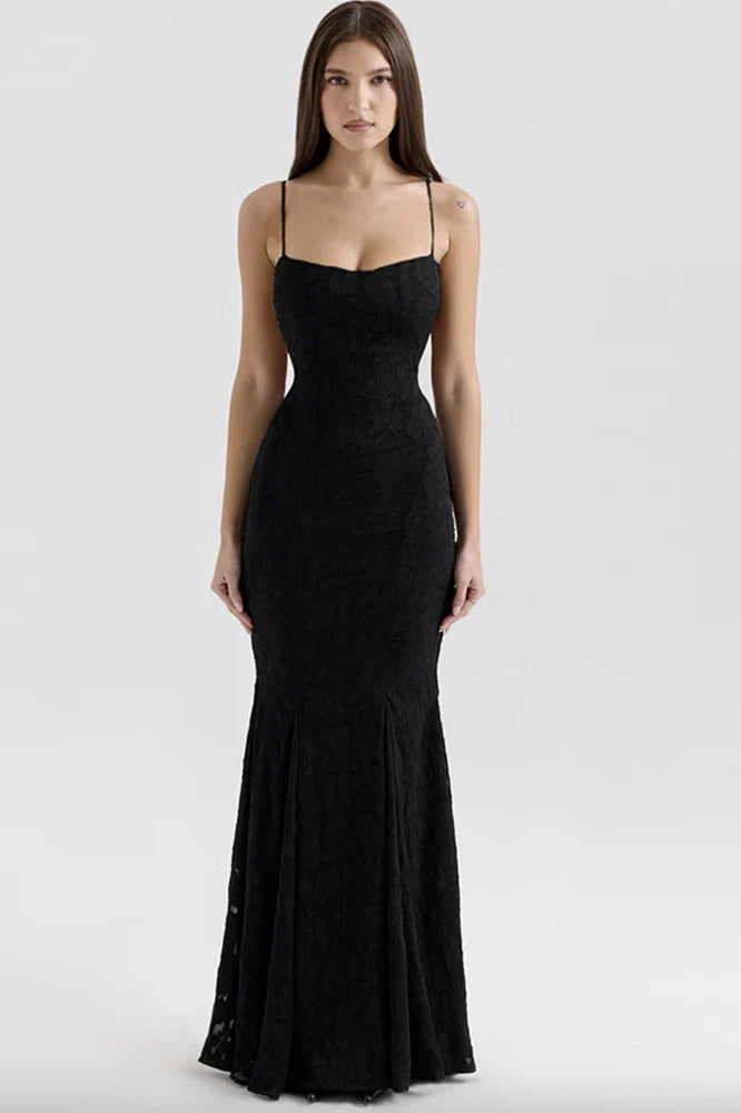 Jacquard Floral Square Neck Spaghetti Strap Mermaid Maxi Gown