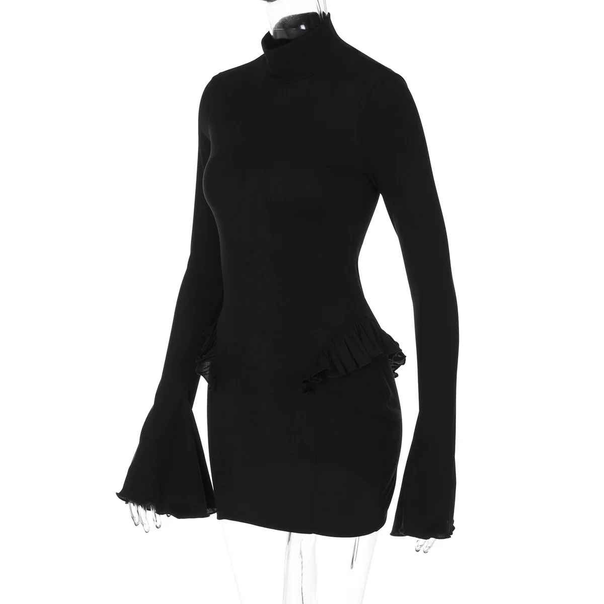 Ootddress Autumn Ruffled Patchwork Mini Dress Women's Long Sleeve High Waist Fashion Elegant Dress Ladies Skinny Party Dress