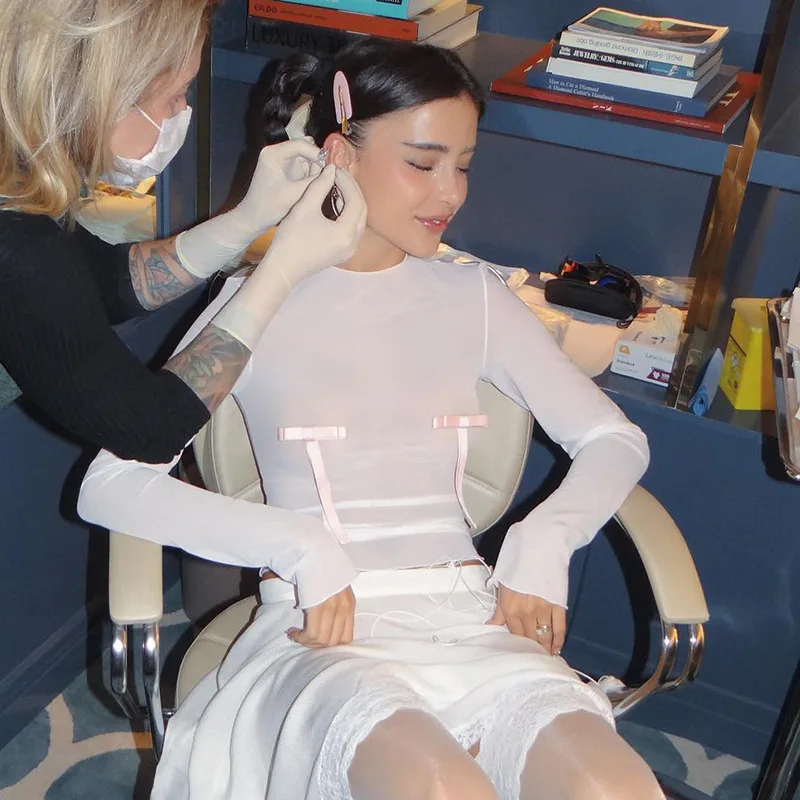 Ootddress Splice Bow Shirts For Women Slim O Neck Long Sleeve Crop Tops Female 2025 Autumn Fashion Bodycon White Tshirts Ladies New