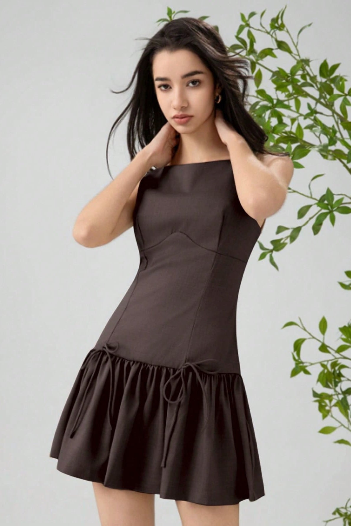 Crew Neck Dropped-Waist Bow-Tie Flounce Mini Dress