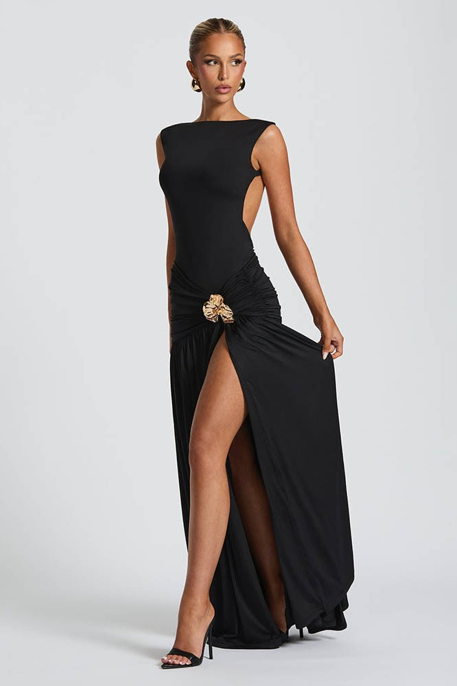 Sleeveless Backless Ruched Waist Brooch Detail Bodycon Maxi Dress