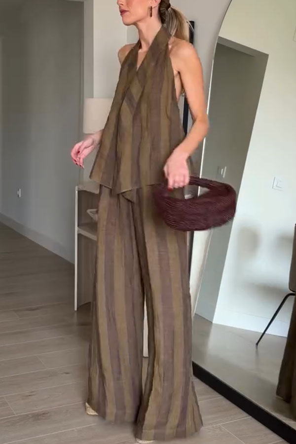 Aloof Style Striped Linen Blend Halter Vest and High Rise Button Pocket Wide Leg Pants Set