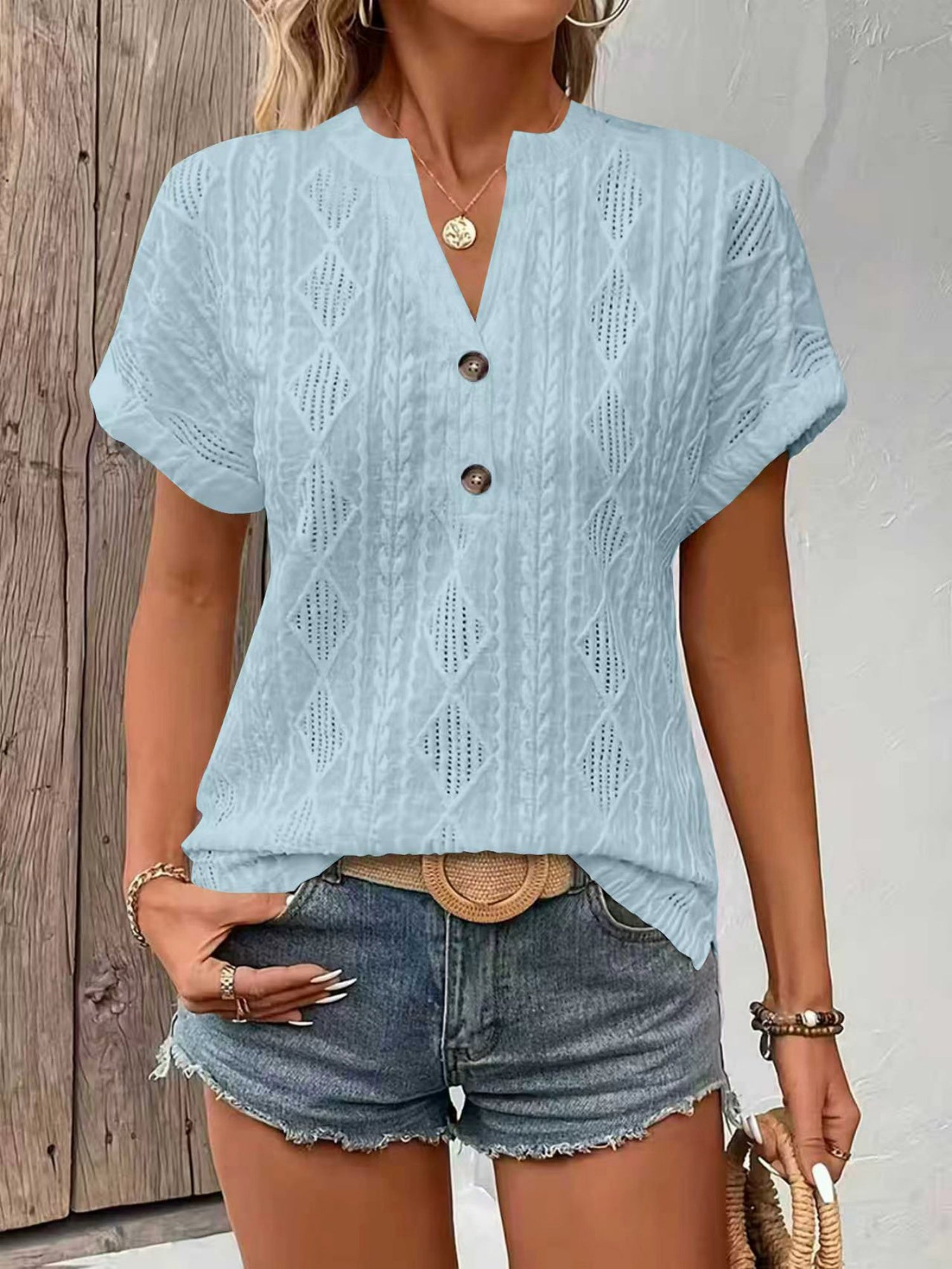 Knitting Buttons V-neck Short Sleeve T-shirts