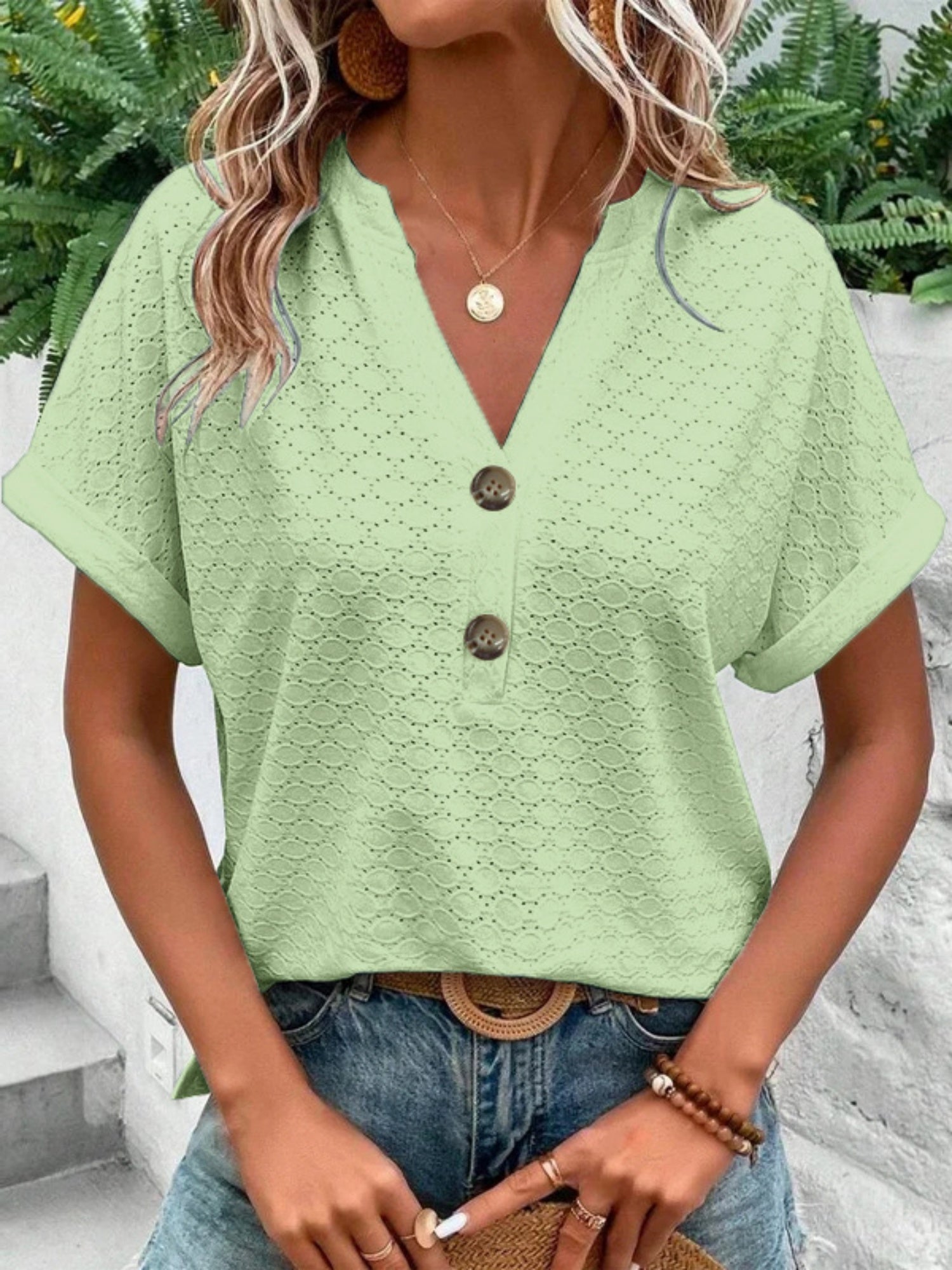 Knitting Buttons V-neck Short Sleeve T-shirts