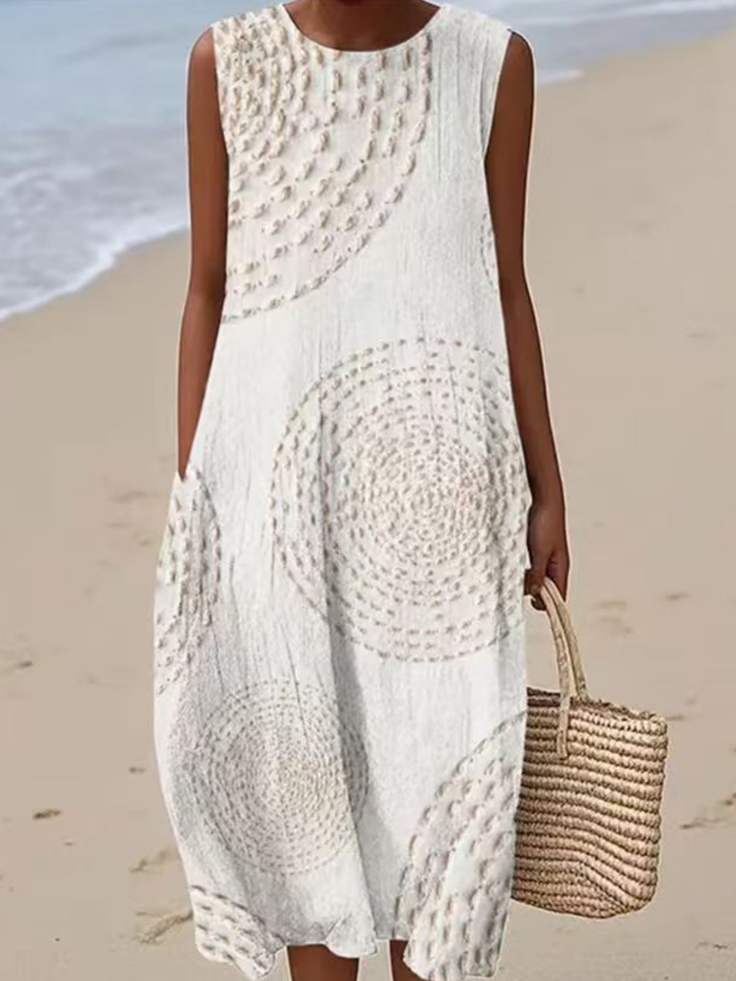 Printed Pocket Round Neck Sleeveless Maxi Dresses