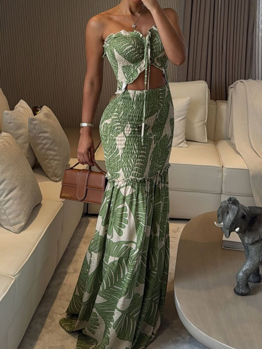 Lace Up Printed Hollow Bare Waist Exclusive Maxi Dresses