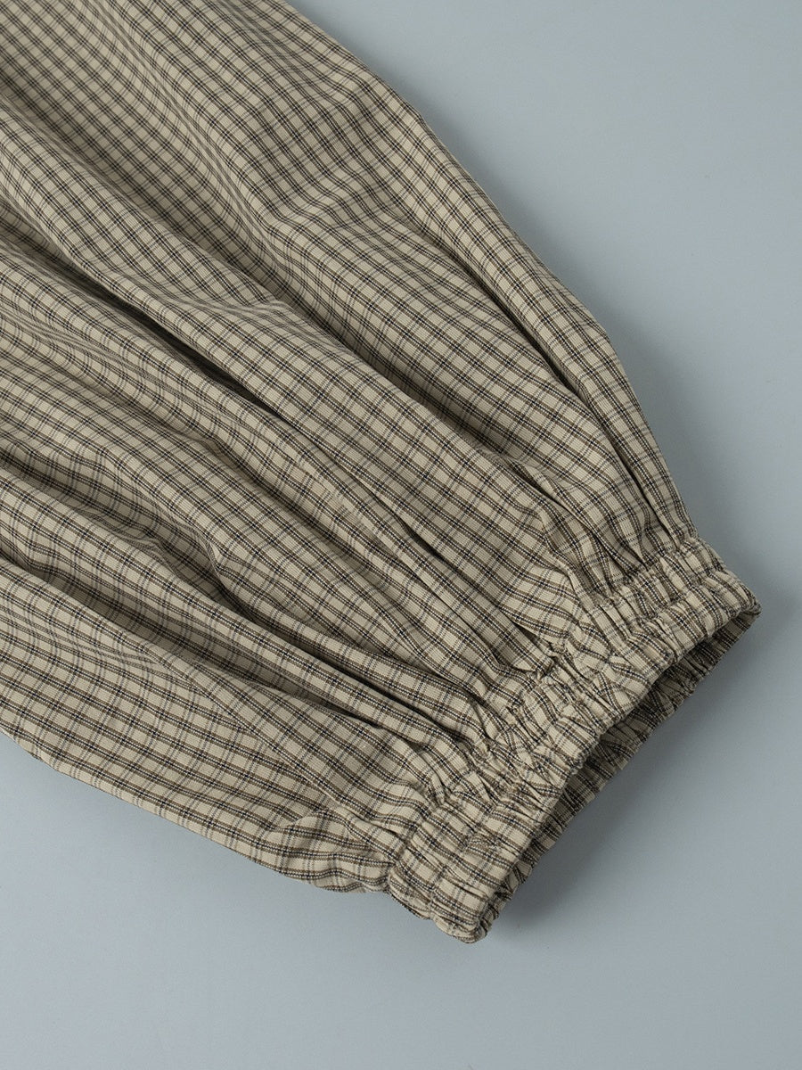 Cotton Blend Lantern Pants Plaid Breathable Leisure Pants