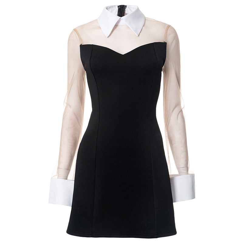 Mesh Illusion Collar Contrast Cuff Long Sleeve Sweetheart Mini Dress
