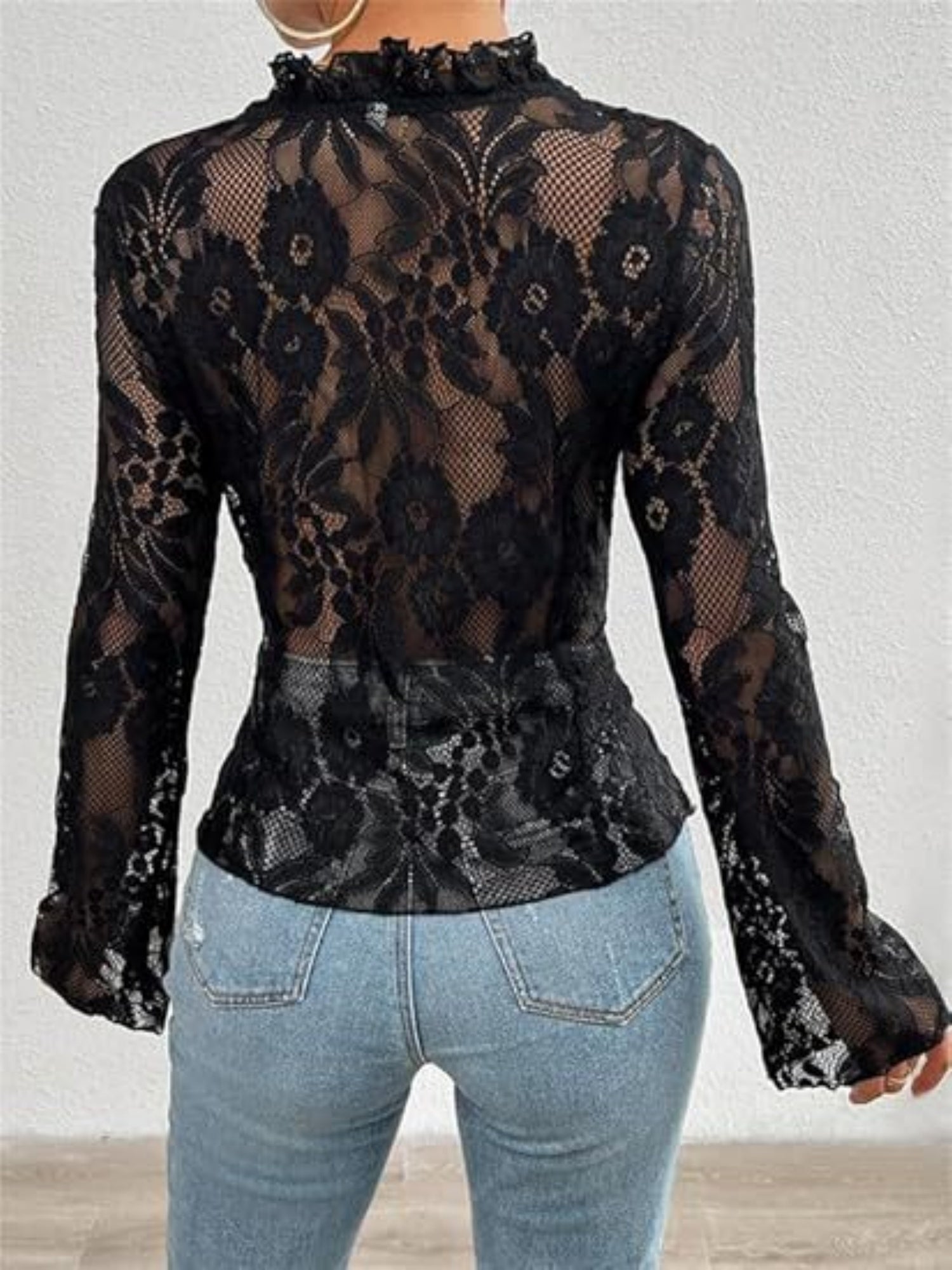 Lace See-through Ruffle Open Front With Tie Sweet T-shirts