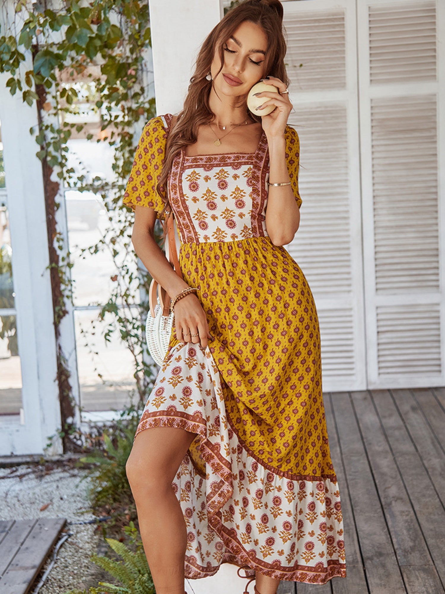 Printed Color-blocked Square Neck Short Sleeve Maxi Dresses
