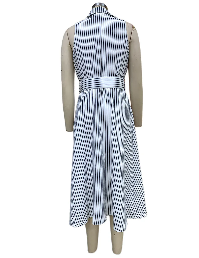 Temperament Stripe Sleeveless Suit Collar Dresses Women Belt Double Breasted A-line Dress Fashion Commuting Vestidos Female New 12 undefined