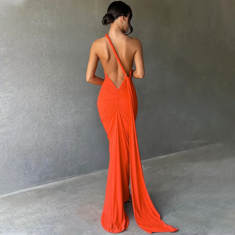 Ootddress Oblique Shoulder Backless Maxi Dress For Women Gown Summer Back Strap Sleeveless Ruched Party Sexy Long Dress Vestidos