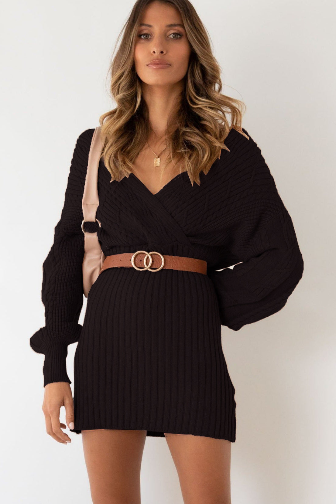 Cable Knit V-Neck Bodycon Midi Dress