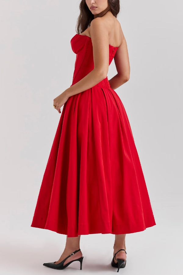 Strapless Corset Sweetheart Neckline Pleated Full Skirt Midi Dress