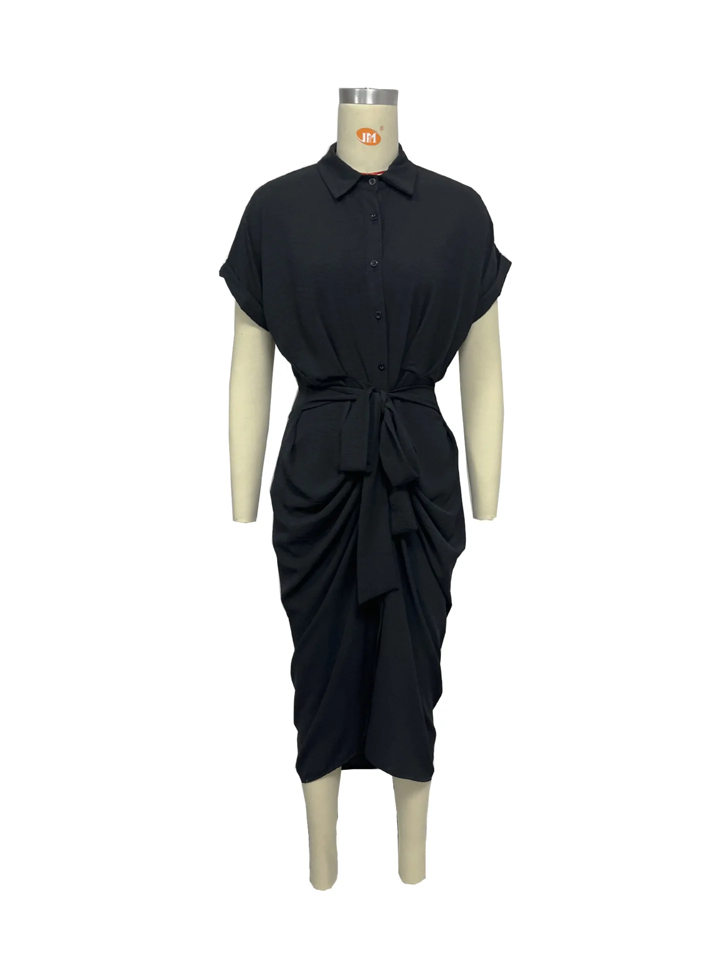 Print Slim Shirts Dresses Women Lapel Short Sleeves Leace-up Single Breasted Irregular Folds Shirt Dress Lady Commuting Vestidos