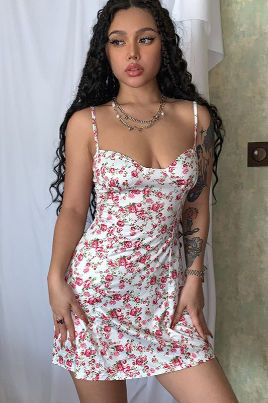 Spaghetti Strap Sweetheart Bustier Ditsy Floral Print Bodycon Mini Dress