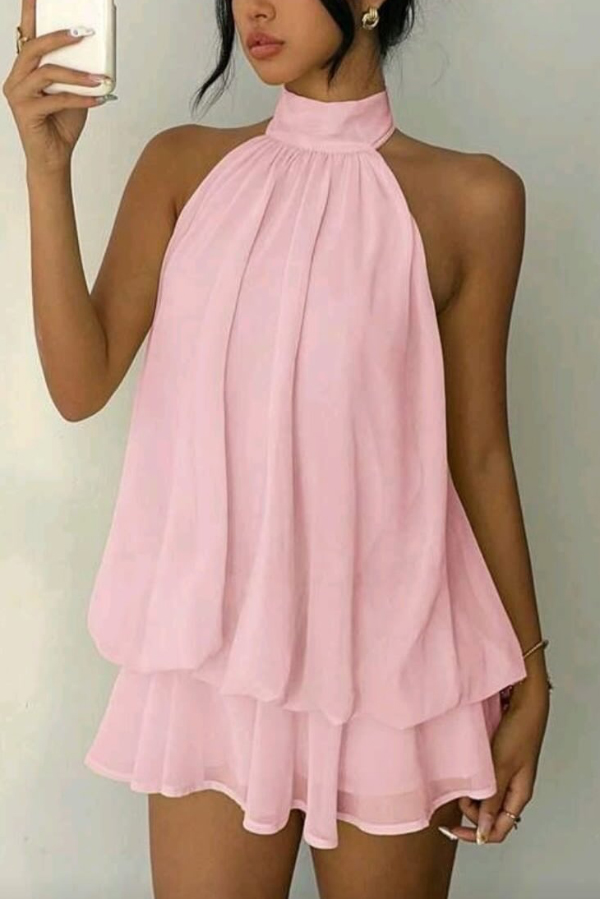 Fashionable Chiffon Halter Neck Backless Lace-up Casual Vacation Mini Dress