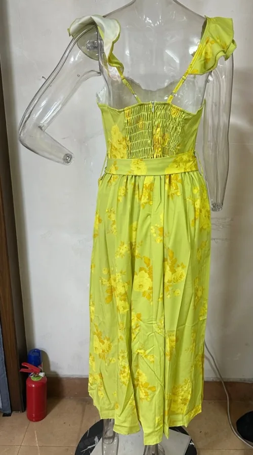 Flowers Print Sleeveless Long Dresses Women Sexy Low Cut Backless Bowknot Leace-up Slit Dress Temperament Lady Vestidos 2025 New