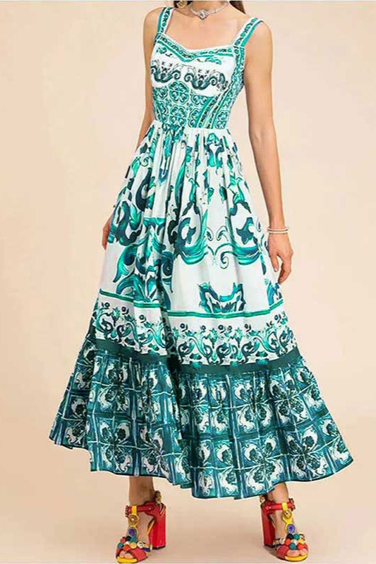 Wide Strap Sweetheart Baroque Print Tiered Ruffle Maxi Dress