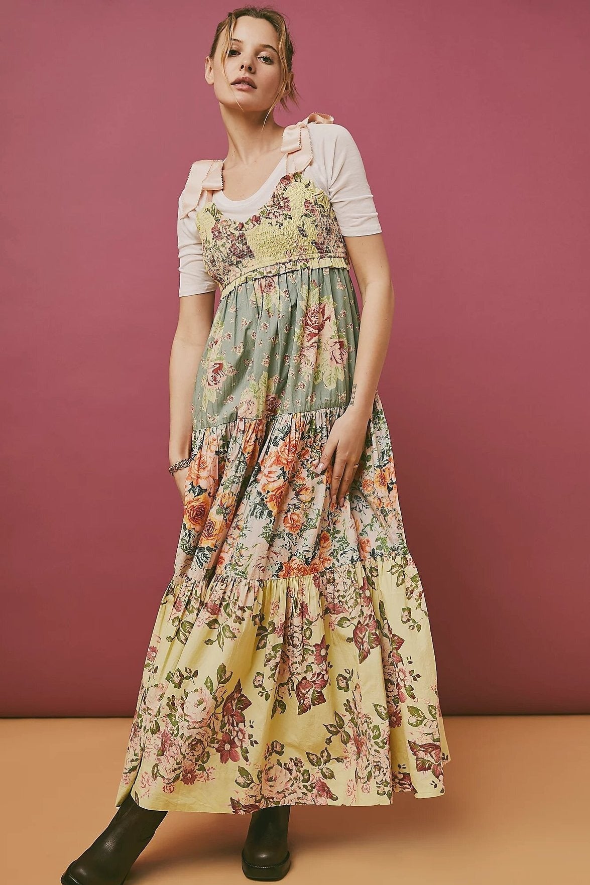 Smocked Sweetheart Bow Shoulder Strap Patchwork Floral Tiered Maxi Dress