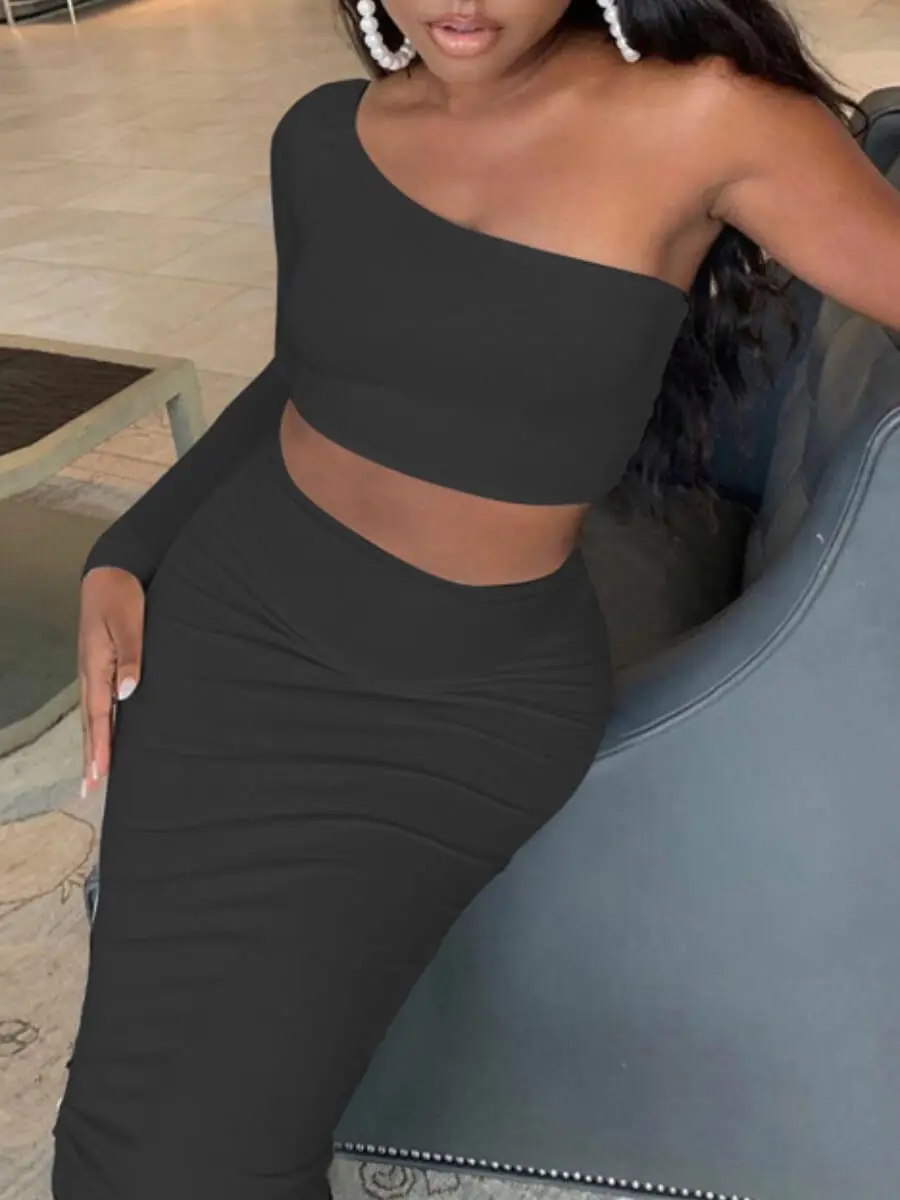 Party 2PC Dresses One Shoulder Skinny Black Two Piece Skirt Set One-sleeve Basic Top Sheath Dress Matching Outfits For Women 12 Party 2PC Dresses One Shoulder Skinny Black Two Piece Skirt Set One-sleeve Basic Top Sheath Dress Matching Outfits For Women