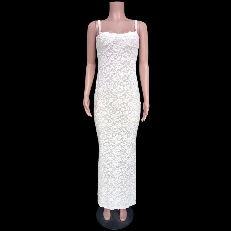 Ootddress Lace Black Dress Female Slim Hollow Out Spaghetti Backless Dress Elegant Party Evening Gown Split Women Maxi Dress Summer