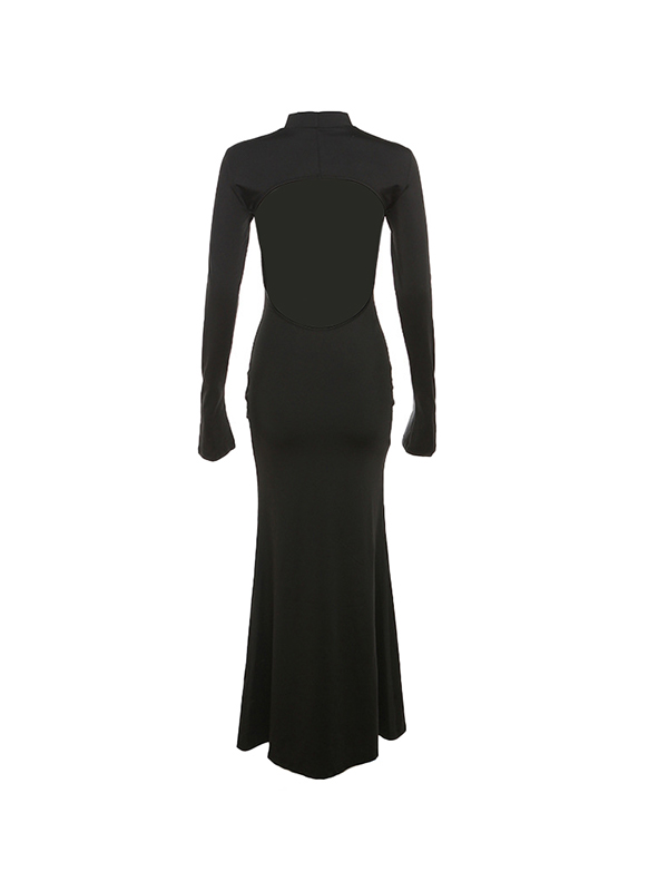 Solid Crew Neck Backless Long Sleeve Maxi Dress