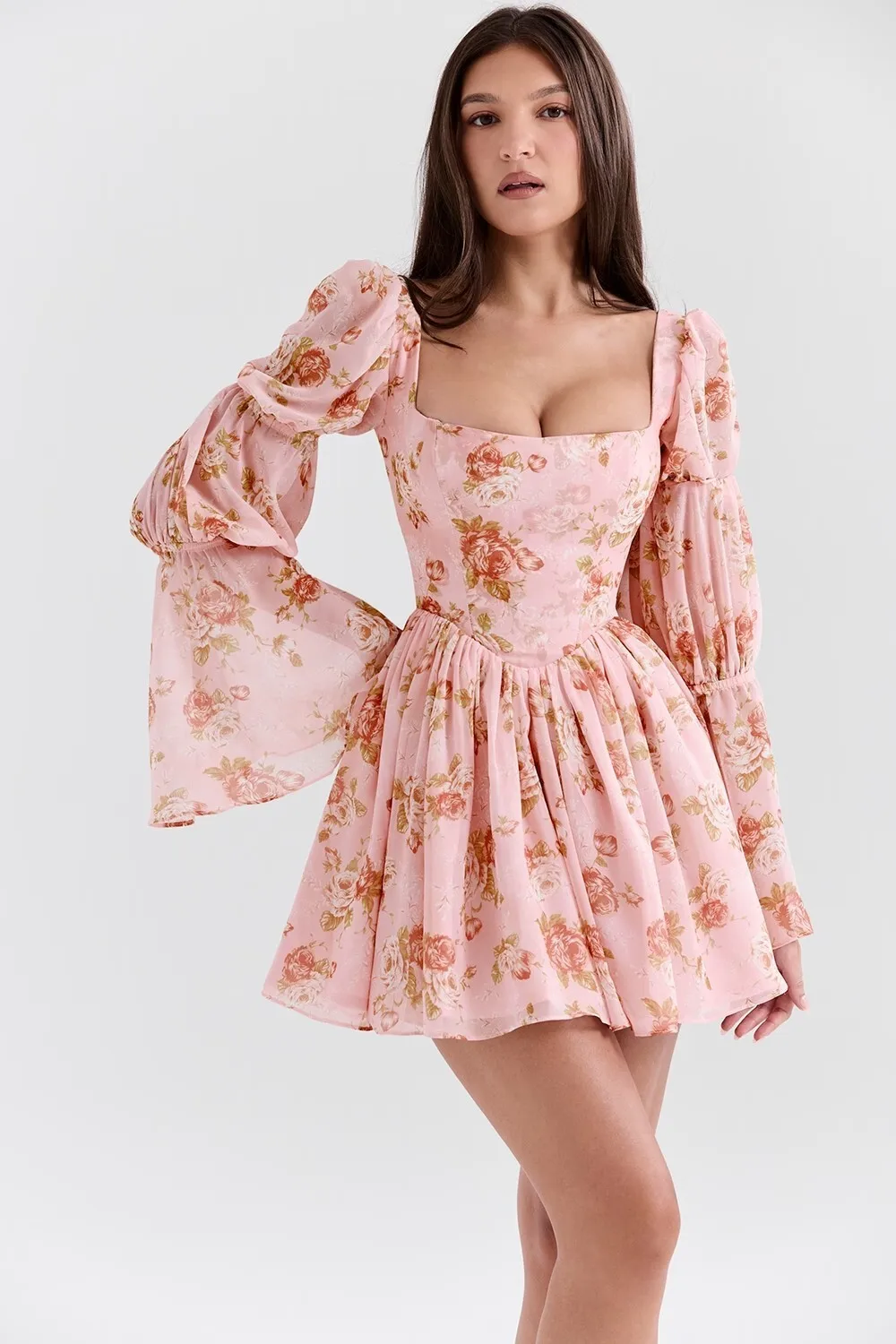 Ootddress Elegant Horn Long Sleeve Bodycon Printed Short Skirt Female Sexy Square Neck Slim Female Dress Party Club Evening Dress