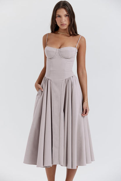 Bustier Sweetheart Spaghetti Strap Drop Waist Fit and Flare Midi Dress