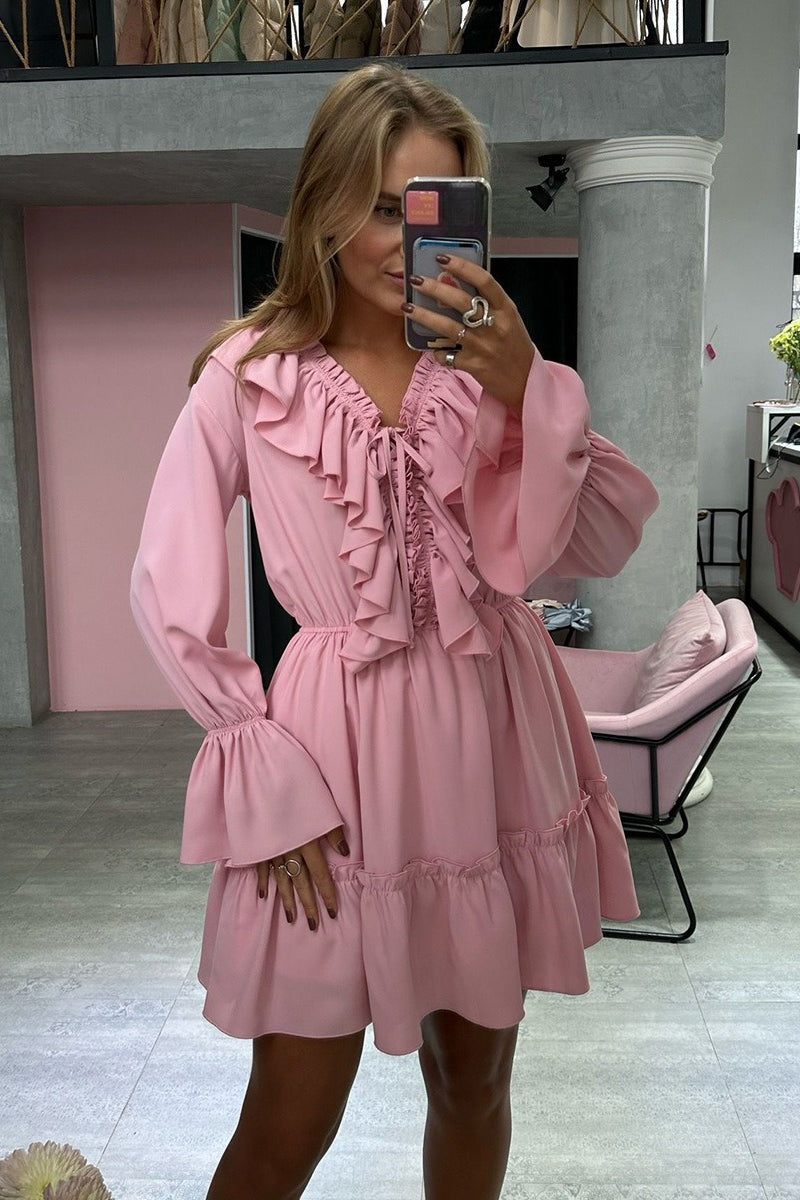 V-Neck Lace-Up Ruffle Trim Balloon Sleeve Mini Dress