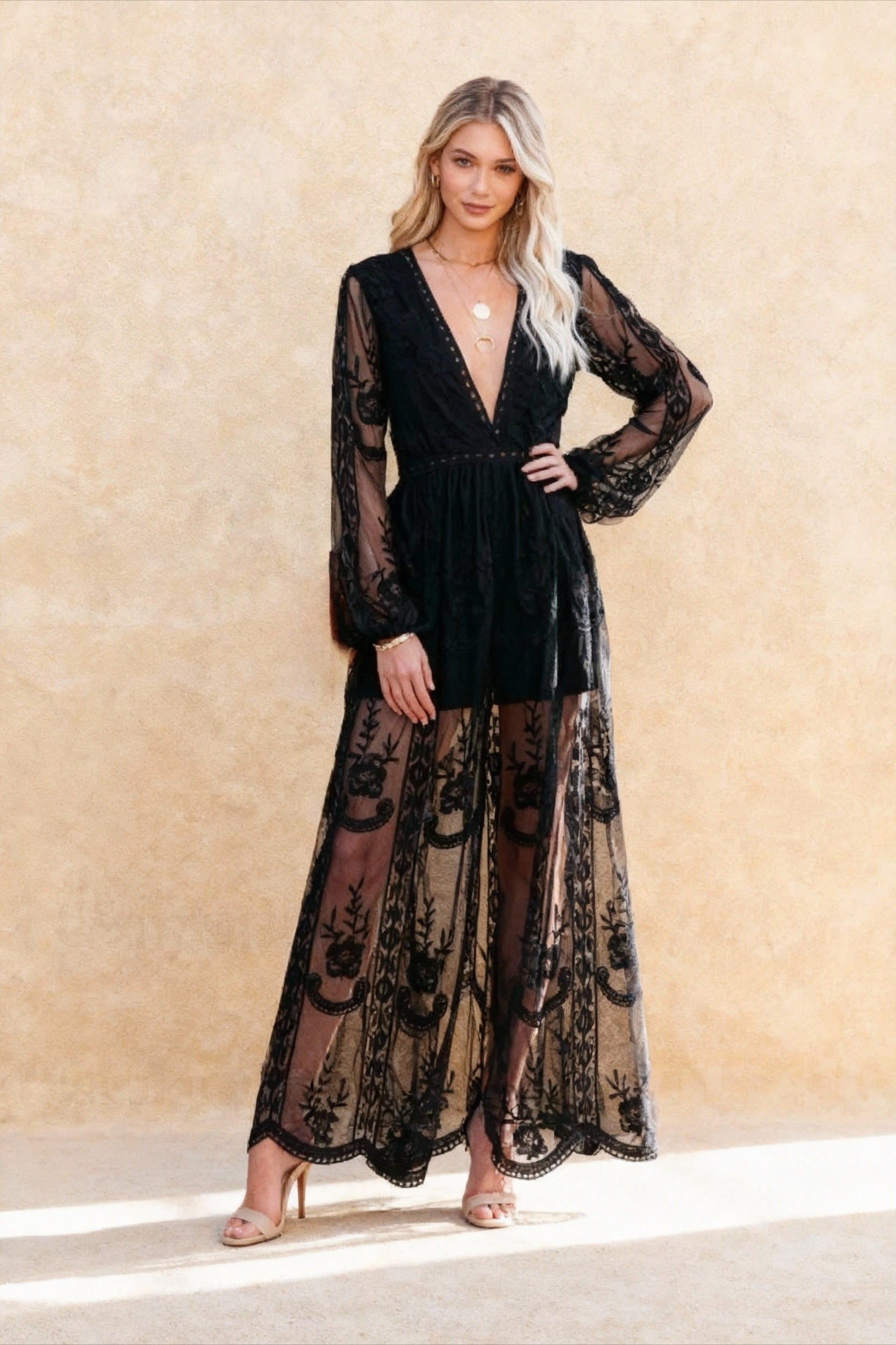 Mesh Lace Embroidery Deep V-Neck Long Puff Sleeve High Split Maxi Dress