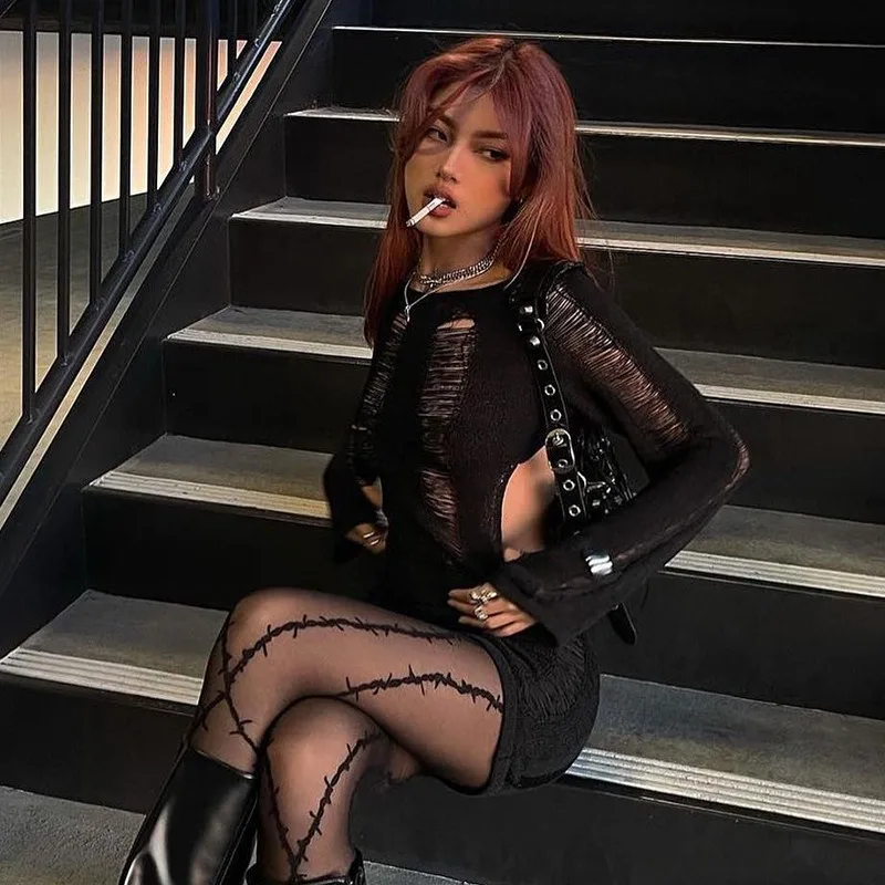 Ootddress Sexy Sheer Knitted Dress Women Bodycon Long Sleeve Hollow Out Mini Dresses Femme Club Sexy Backless Knitwear Dress Womens