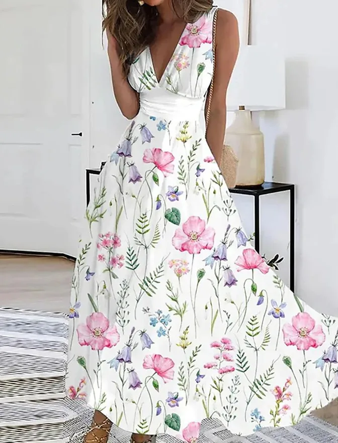 Summer Flower Printed Sleeveless Long Dresses Sexy V-neck Elegant Lady Party A-line Dress Fashion Chic Maxi Evening Vestidos New 8 undefined