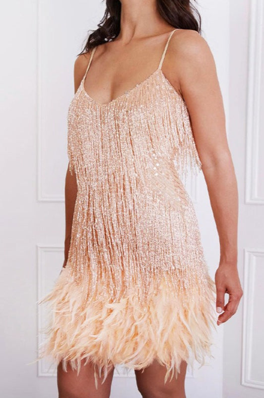 Sequin Fringe Feather Hem Spaghetti Strap Mini Dress