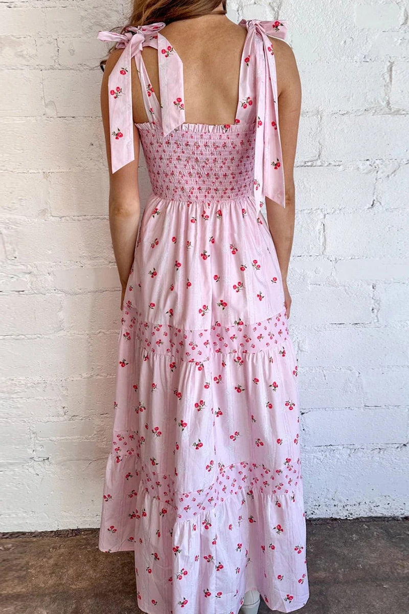 Floral Print Smocked Square Neck Bow Tie Strap Maxi Summer Dress