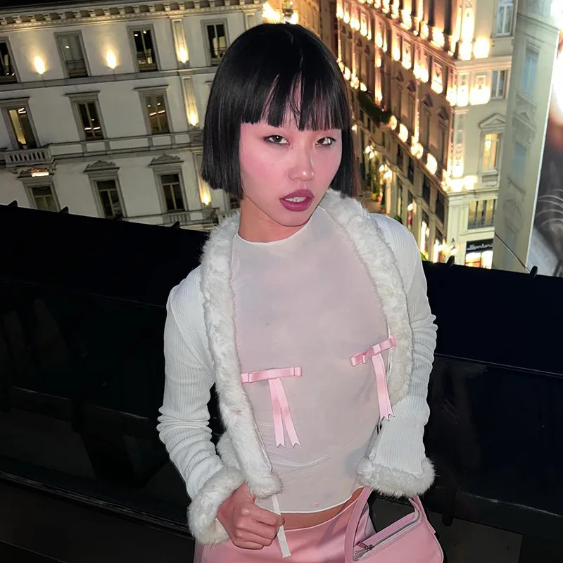 Ootddress Splice Bow Shirts For Women Slim O Neck Long Sleeve Crop Tops Female 2025 Autumn Fashion Bodycon White Tshirts Ladies New