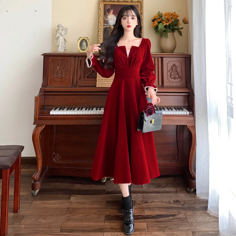 French Vintage A-line Wedding Party Dress Women Autumn Elegant Long Sleeve Backless Red Vestidos Mujer Princess Robe Spring New