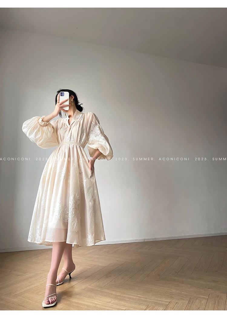 Spring Women Embroidery Evening Party Dresses Elegant Lantern Sleeve Vintage Casual A-Line Dress Female Fashion Vestidos Robe