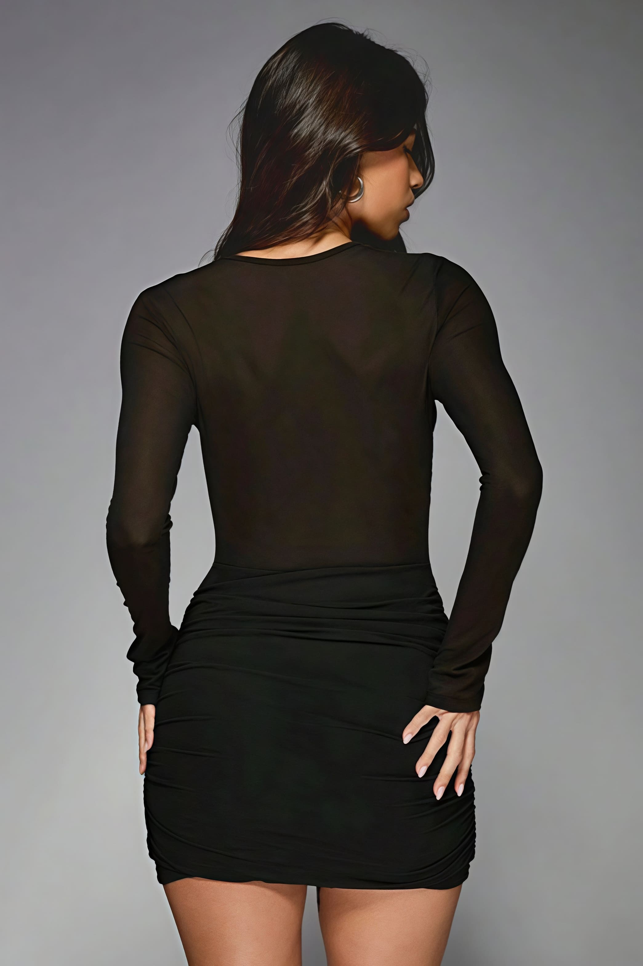 Sheer Mesh Long Sleeve Criss-Cross Draped Ruched Garter Mini Dress
