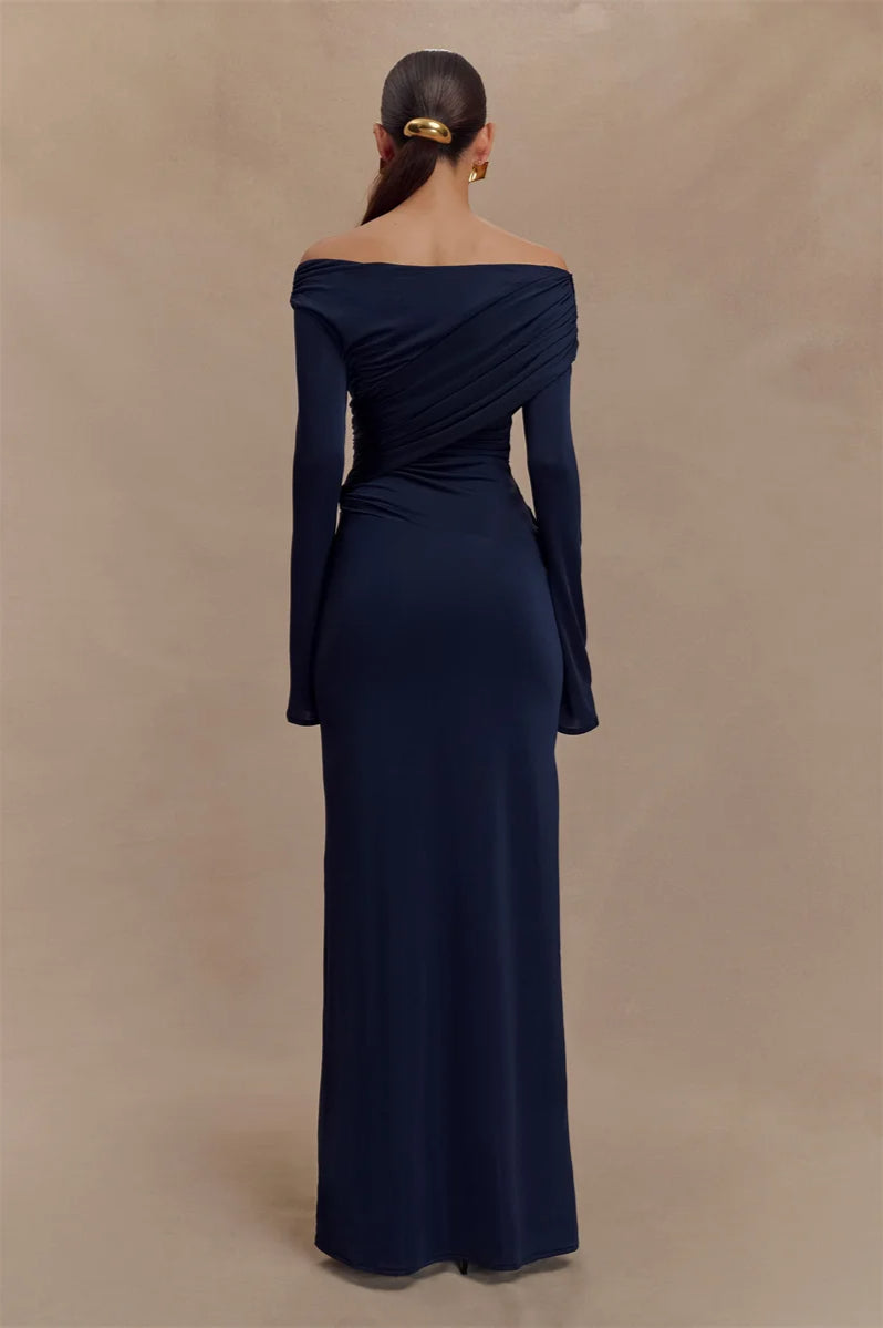 Off Shoulder Ruched Wrap Long Sleeve Column Maxi Dress