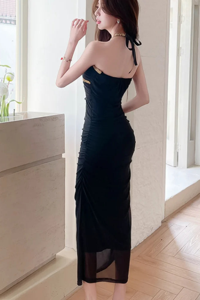 Rhinestone Halter Neck Ruched Gathered Mesh Bodycon Maxi Dress