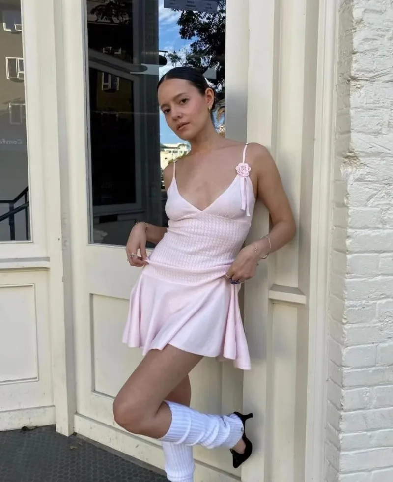 Ootddress Ruffle Knitted Dress For Women Sleeveless V Neck Slim Splice Flower Sundress Ladies Casual Fashion Y2k Solid Dress Woman