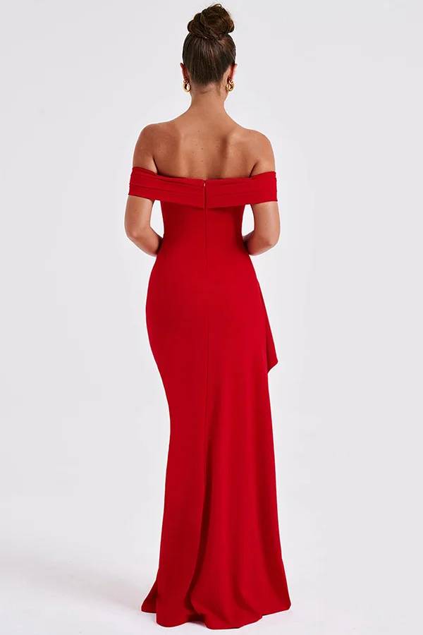 Off Shoulder Ruched High Split Bodycon Maxi Dress