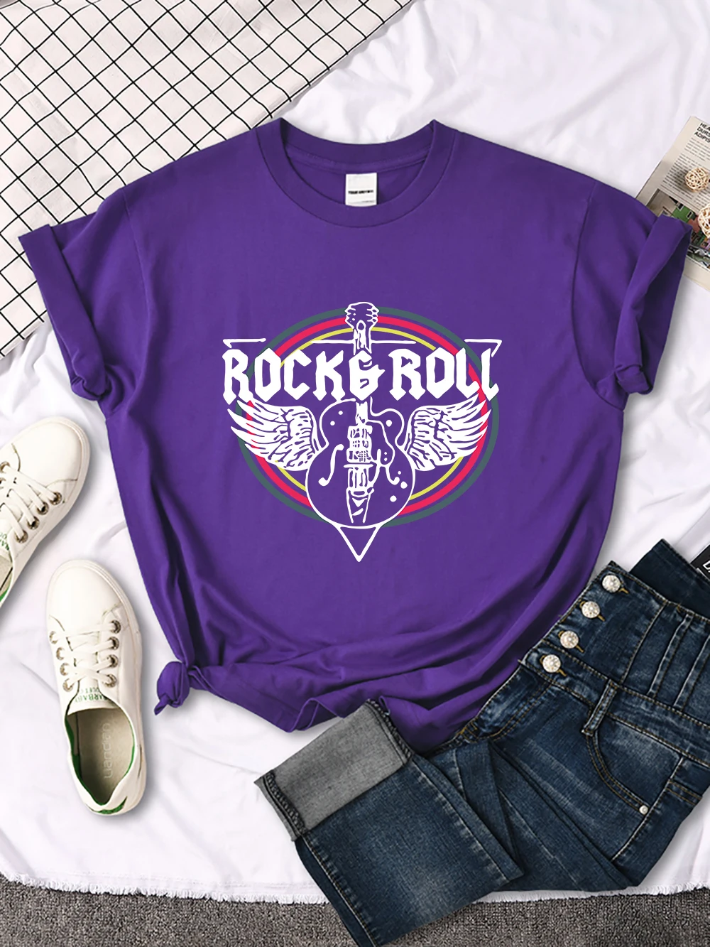Rock Roll Electric Guitar Printed T-Shirt Women Casual Comfortable Tops Breathable Cool Short Sleeve O-Neck Street Tee Clothing