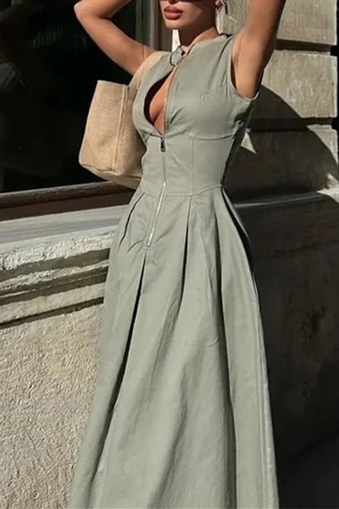 Zipper Front Corset Waist Linen Look Sleeveless Maxi Dress