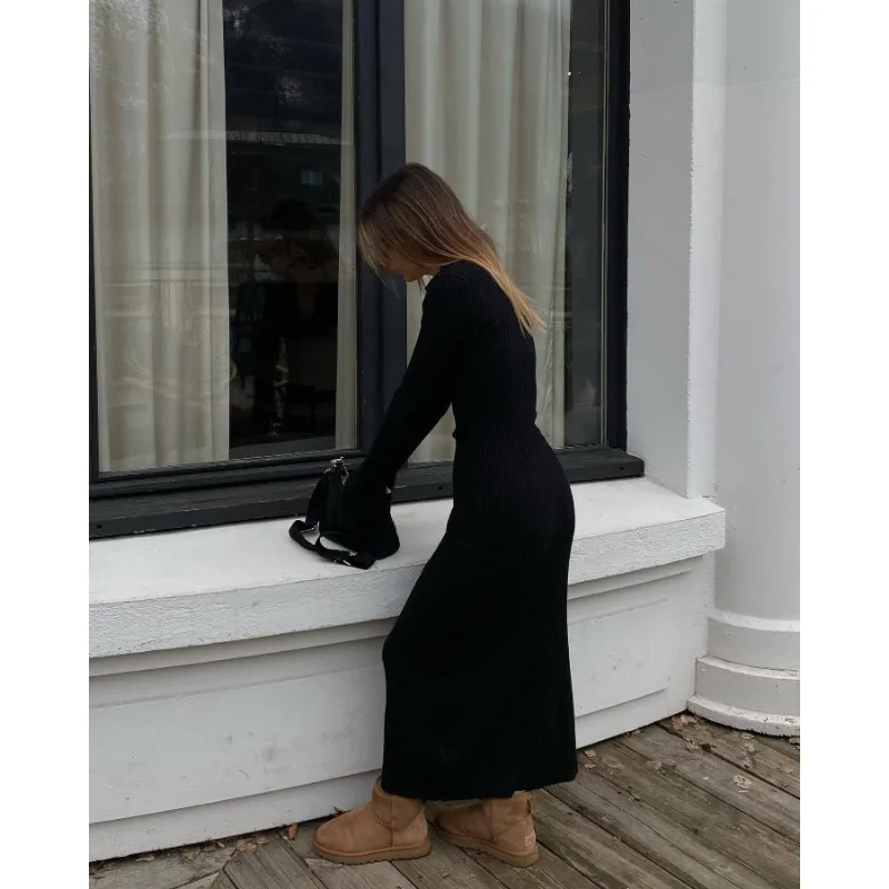 Ootddress Striped V-Neck Knit Maxi Dress For Women Ribbed Patchwork Slim Long Sleeve Elegant Party Dress Loose Knitwear Long Dress