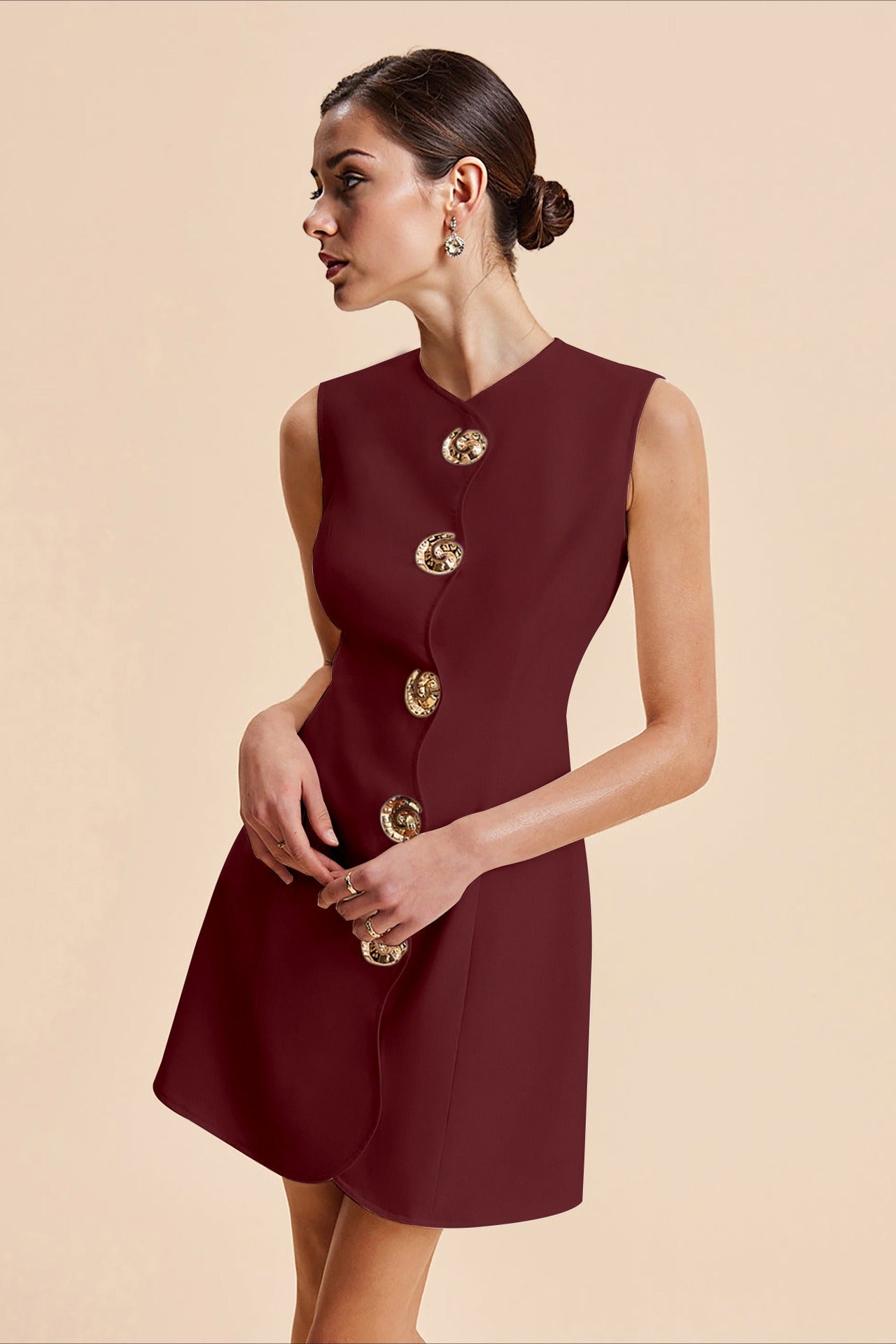 Round Neck Scalloped Button Front Princess Seam Mini Dress