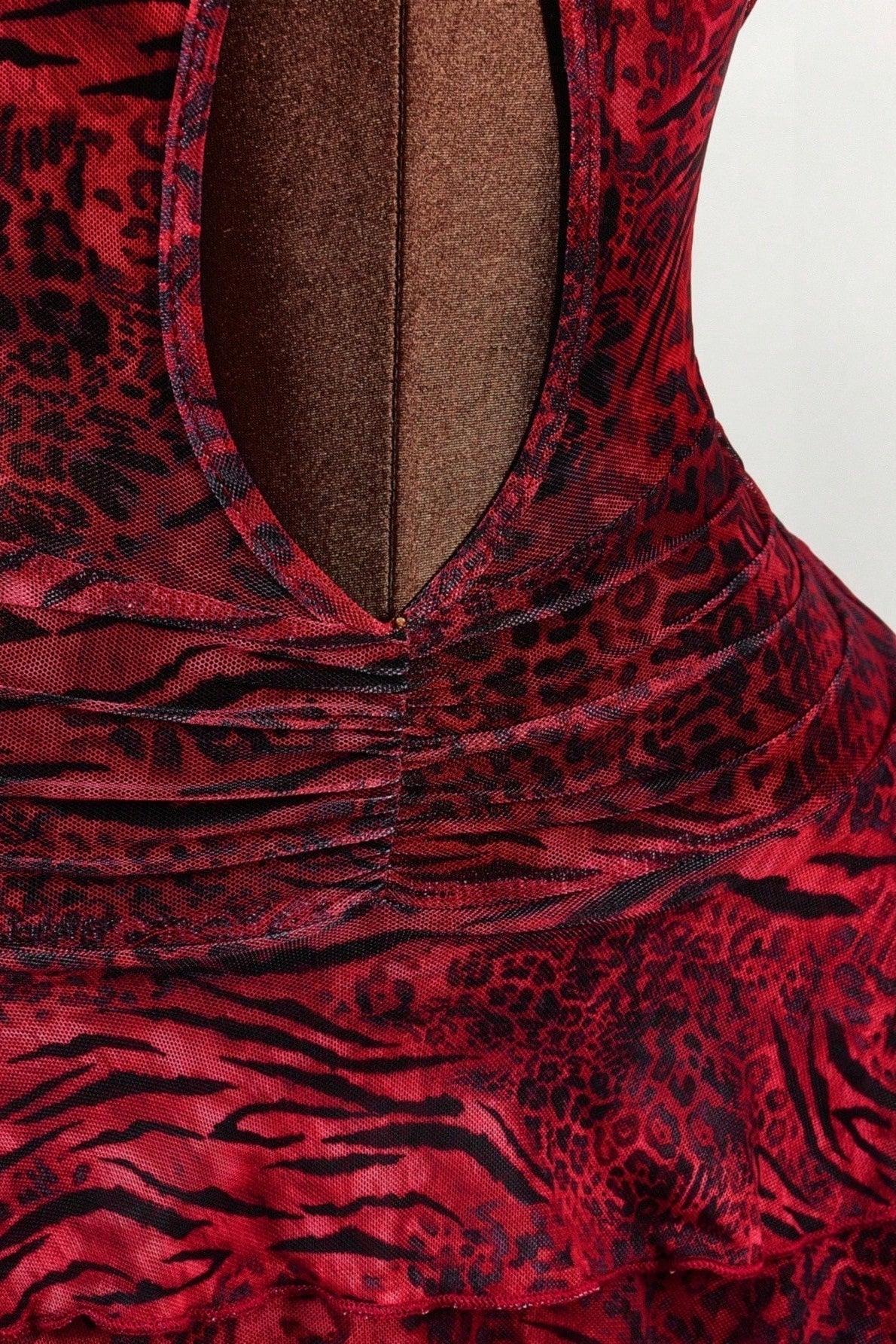 Halter Neck Deep V-Neck Keyhole Cutout Tiered Ruffle Print Mini Dress